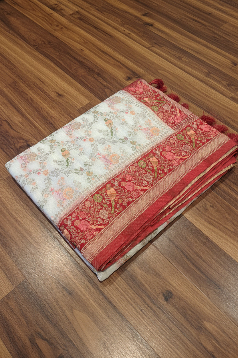 VLS 477 – Crepe Katan Silk Saree with All-Over Madhubani Parrot Motifs & Contrast Pallu