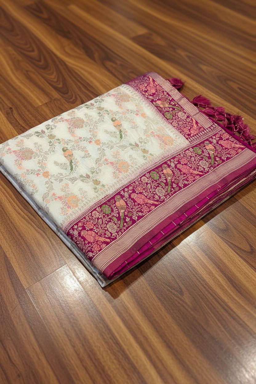 VLS 477 – Crepe Katan Silk Saree with All-Over Madhubani Parrot Motifs & Contrast Pallu