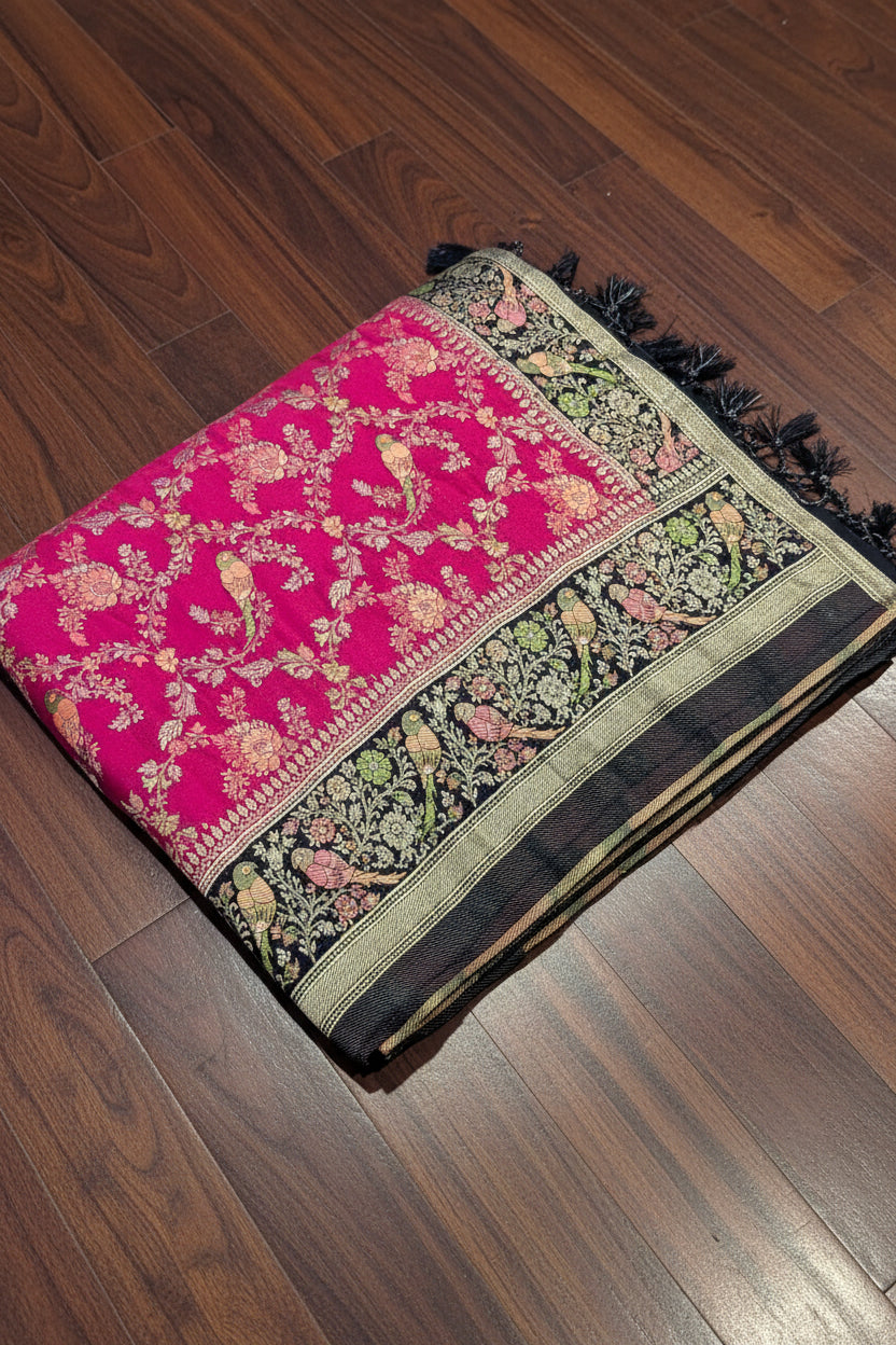 VLS 477 – Crepe Katan Silk Saree with All-Over Madhubani Parrot Motifs & Contrast Pallu