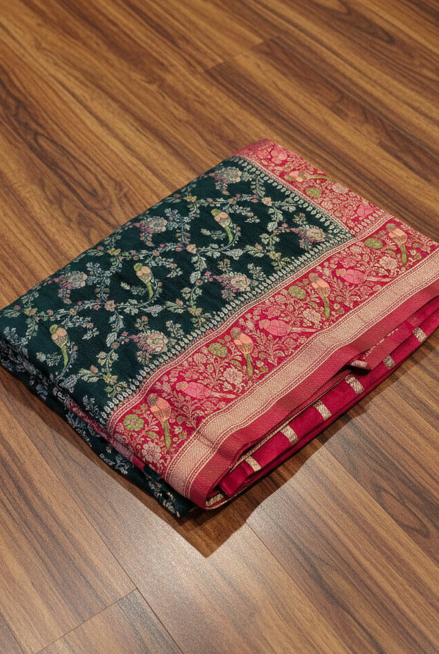 VLS 477 – Crepe Katan Silk Saree with All-Over Madhubani Parrot Motifs & Contrast Pallu