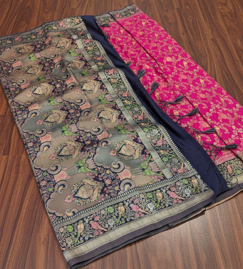 VLS 477 – Crepe Katan Silk Saree with All-Over Madhubani Parrot Motifs & Contrast Pallu