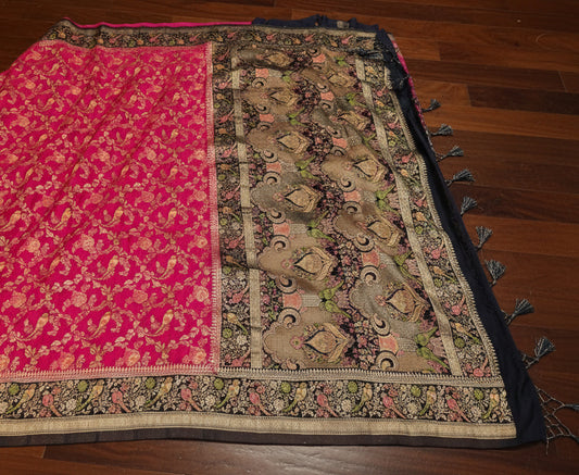 VLS 477 – Crepe Katan Silk Saree with All-Over Madhubani Parrot Motifs & Contrast Pallu