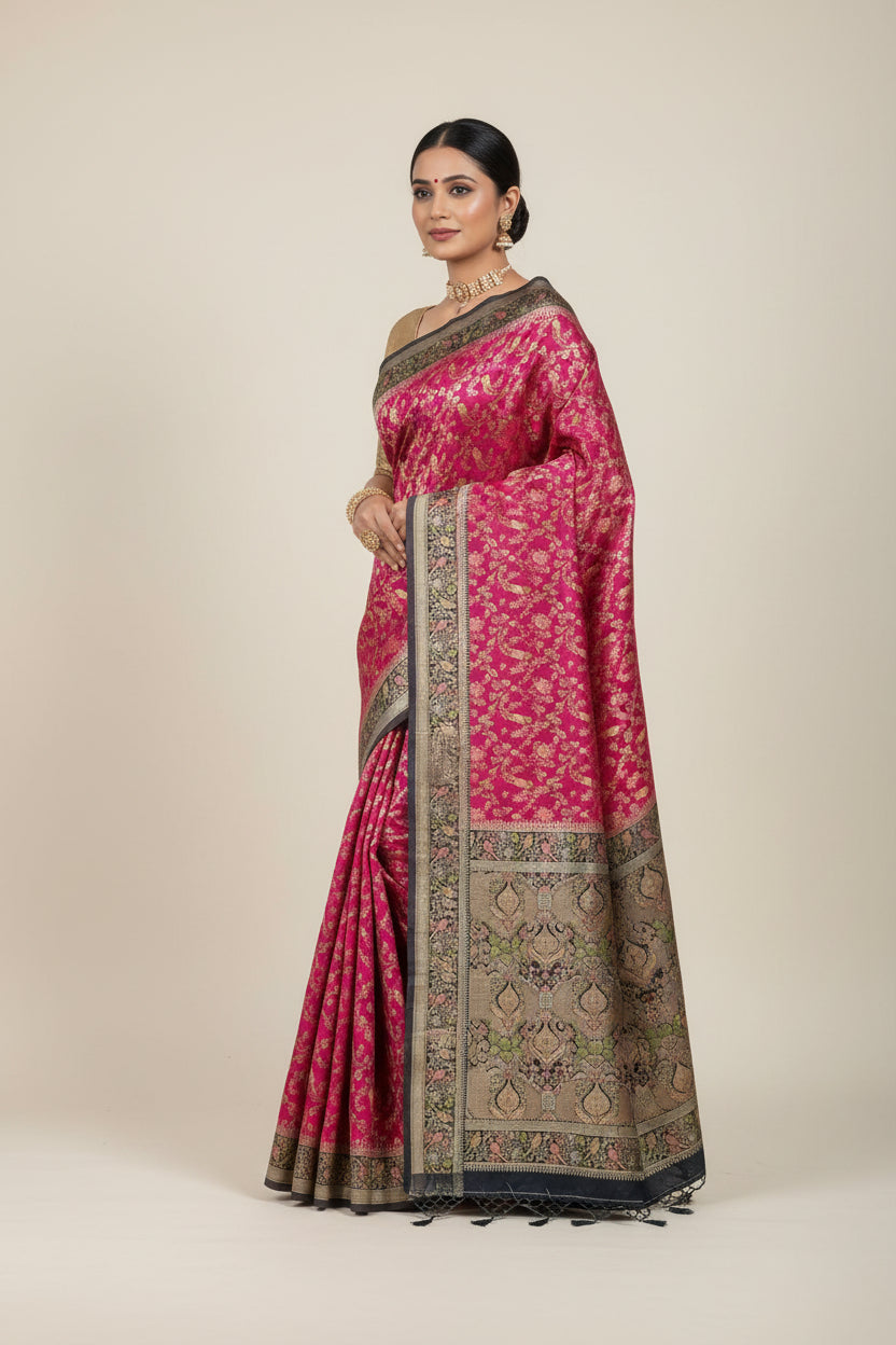 VLS 477 – Crepe Katan Silk Saree with All-Over Madhubani Parrot Motifs & Contrast Pallu