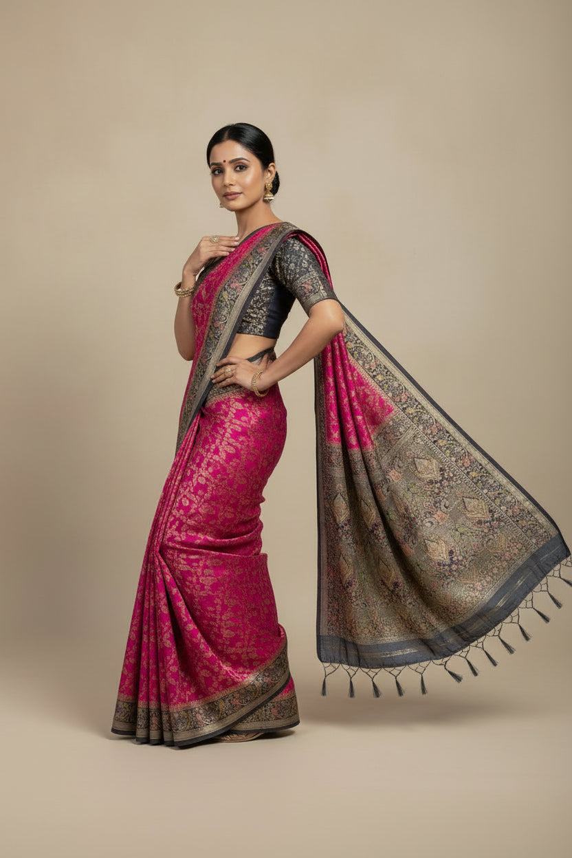 VLS 477 – Crepe Katan Silk Saree with All-Over Madhubani Parrot Motifs & Contrast Pallu