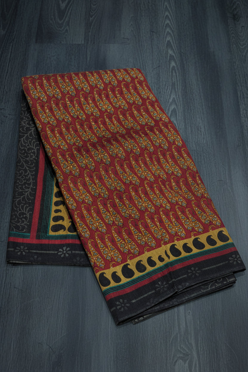 VLS 504 — Pure Khaadi Silk Printed Saree with Black & Green Striped Blouse Piece