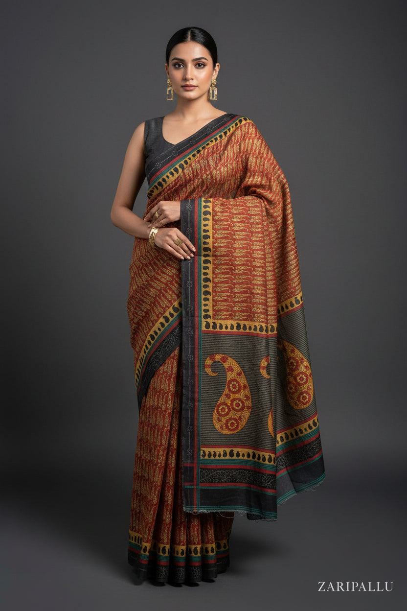 VLS 504 — Pure Khaadi Silk Printed Saree with Black & Green Striped Blouse Piece