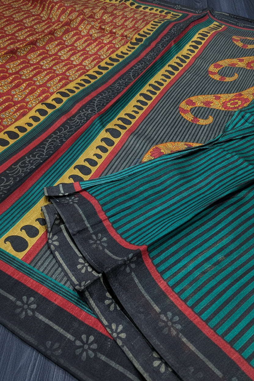 VLS 504 — Pure Khaadi Silk Printed Saree with Black & Green Striped Blouse Piece