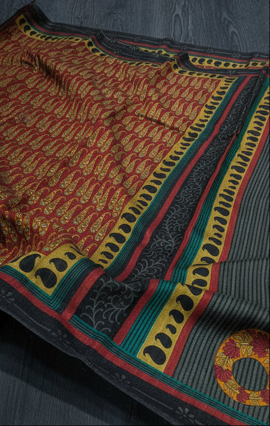VLS 504 — Pure Khaadi Silk Printed Saree with Black & Green Striped Blouse Piece