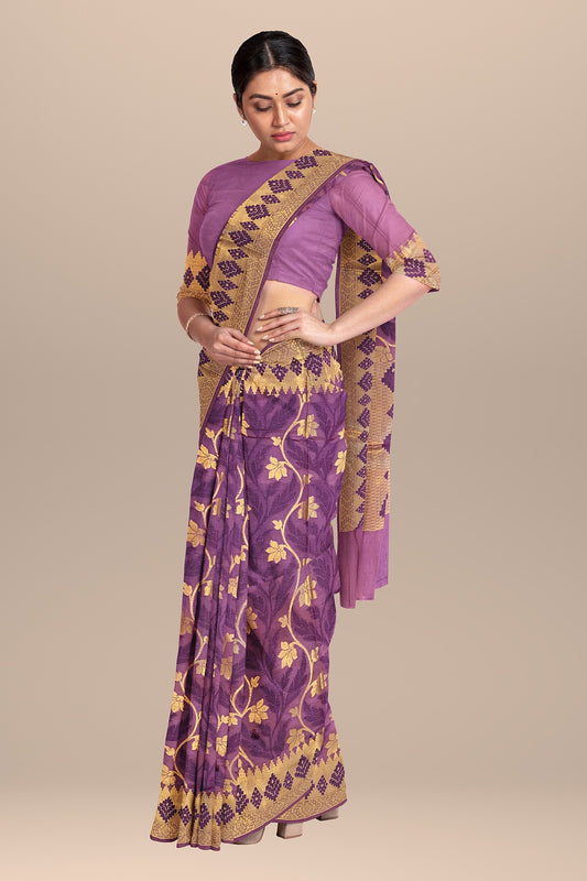 Regal Gazari Wine Pure Dupion Katan Silk Saree with Antique Zari and Resham Zaal