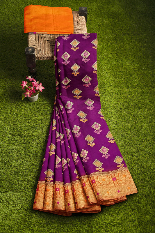 Elegant Magenta Soft Silk Saree with Light Orange Accents and All-Over Boota Design, Tasseled Pallu