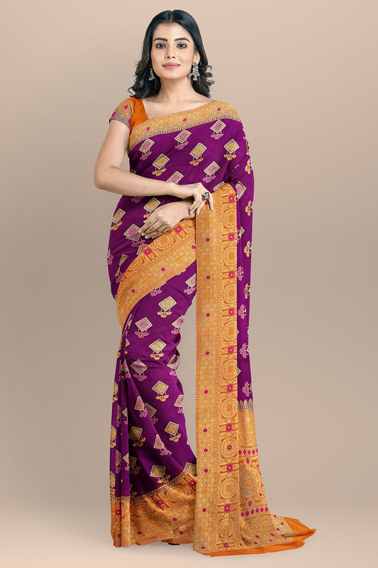 Elegant Magenta Soft Silk Saree with Light Orange Accents and All-Over Boota Design, Tasseled Pallu