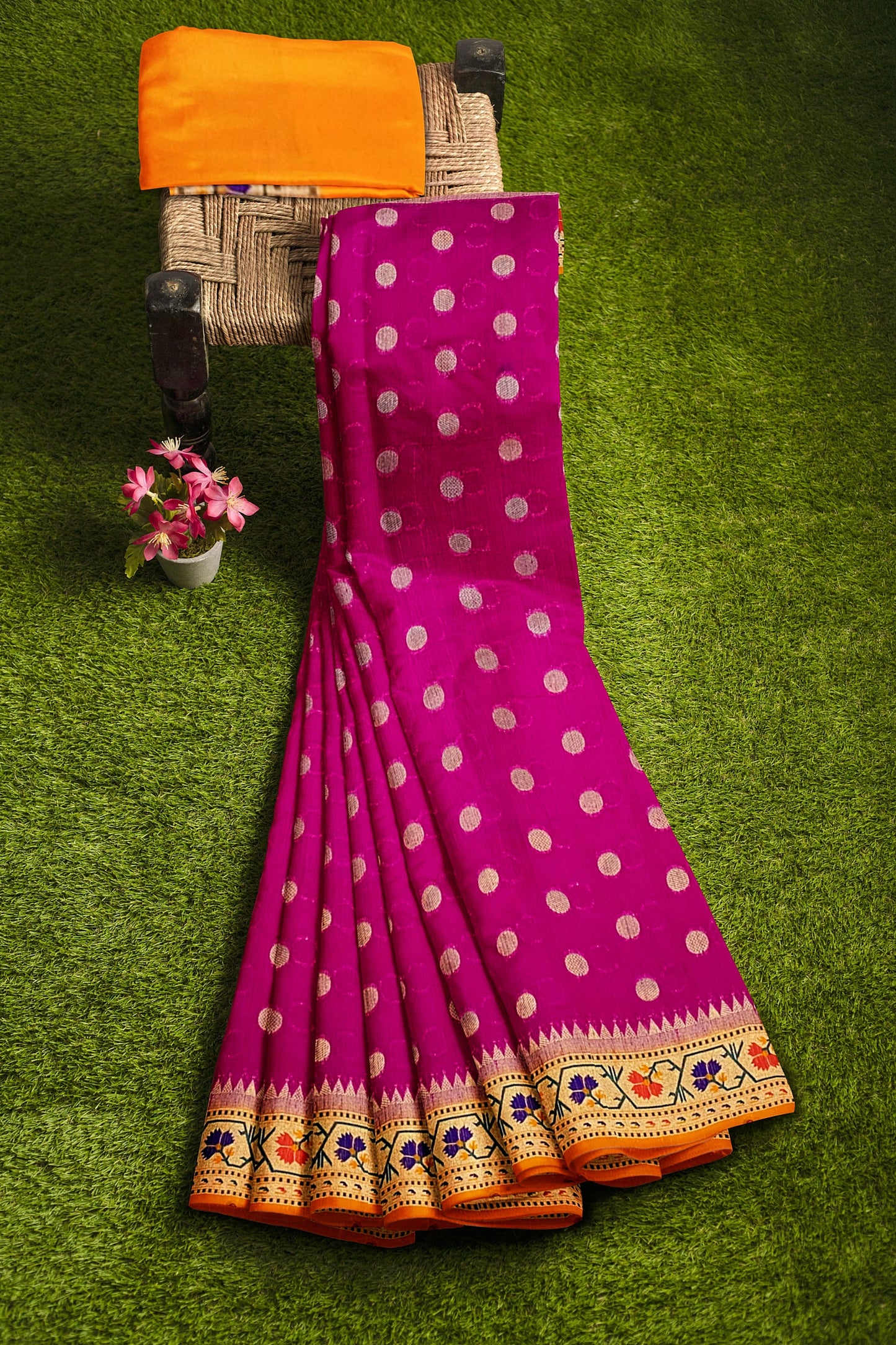 Elegant Pink Matka Silk Saree with Meenakari Border and Pallu in Orange Color, Polka Dot Design