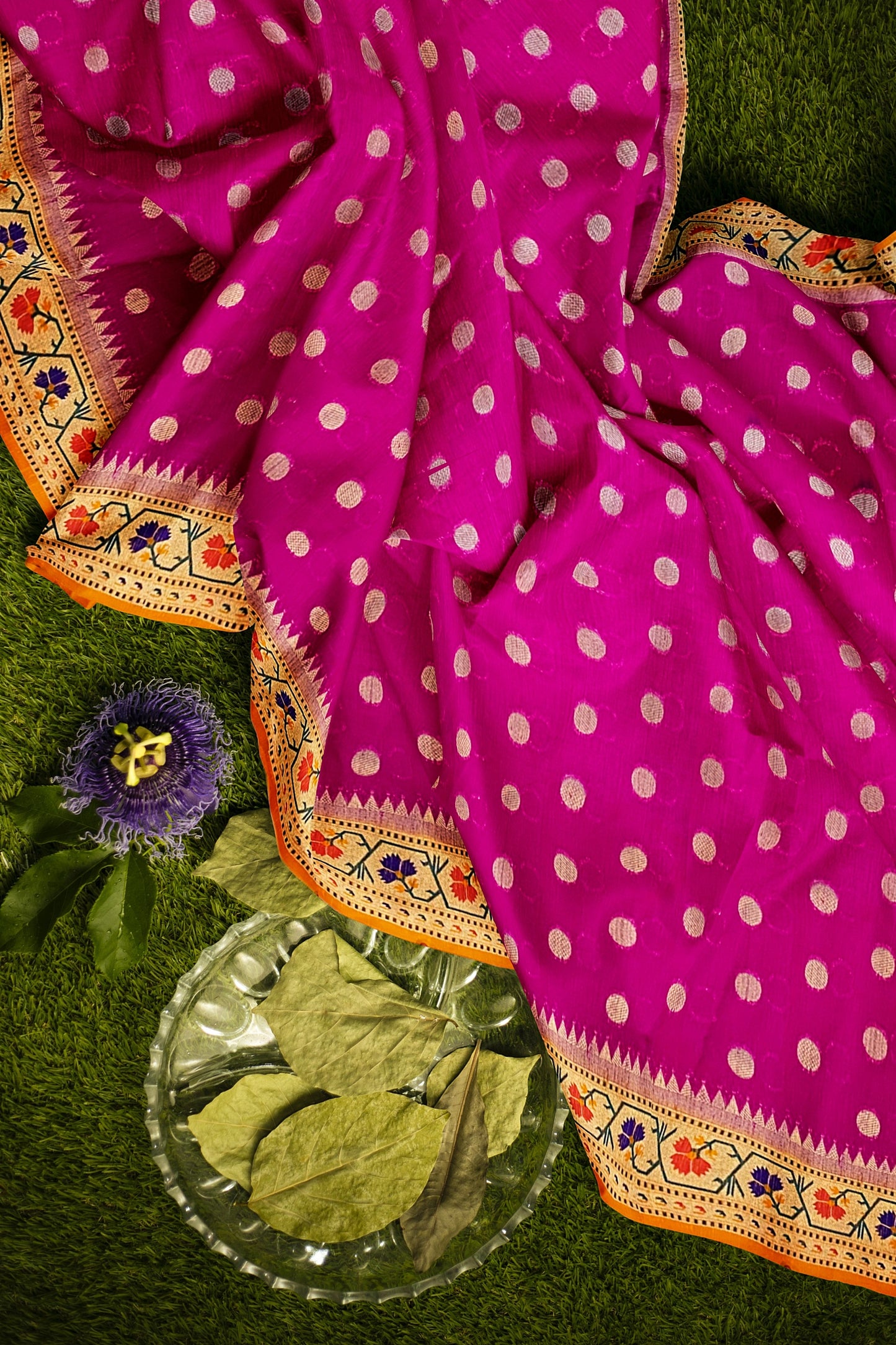 Elegant Pink Matka Silk Saree with Meenakari Border and Pallu in Orange Color, Polka Dot Design