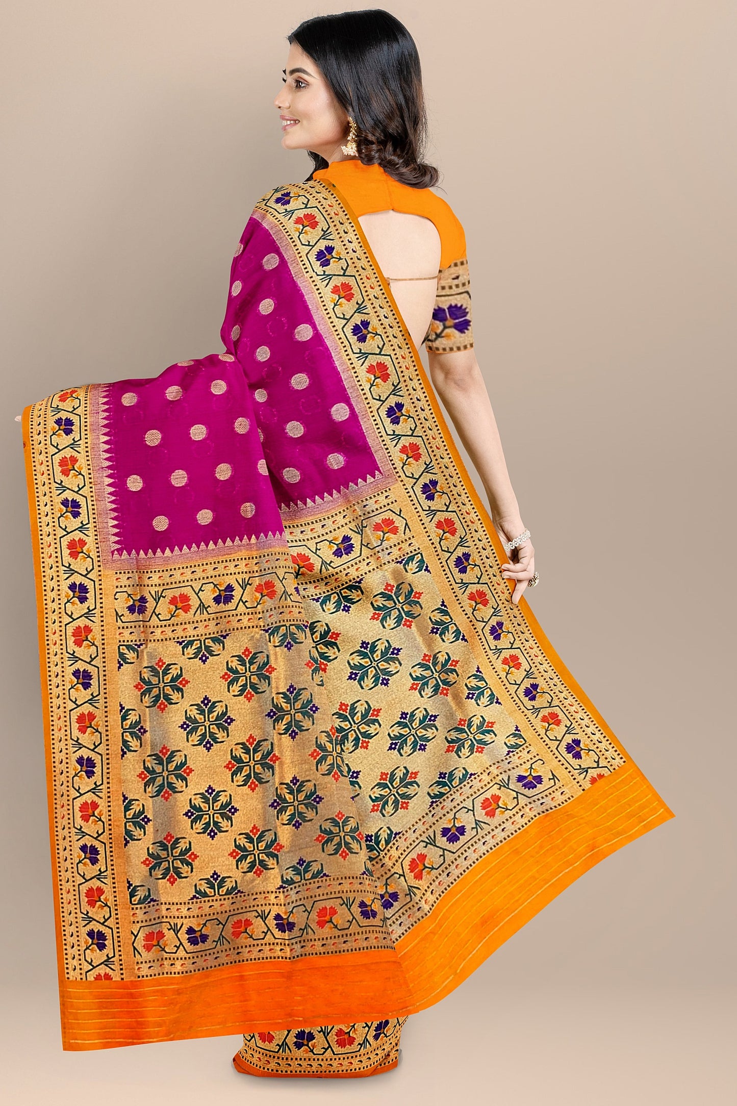 Elegant Pink Matka Silk Saree with Meenakari Border and Pallu in Orange Color, Polka Dot Design
