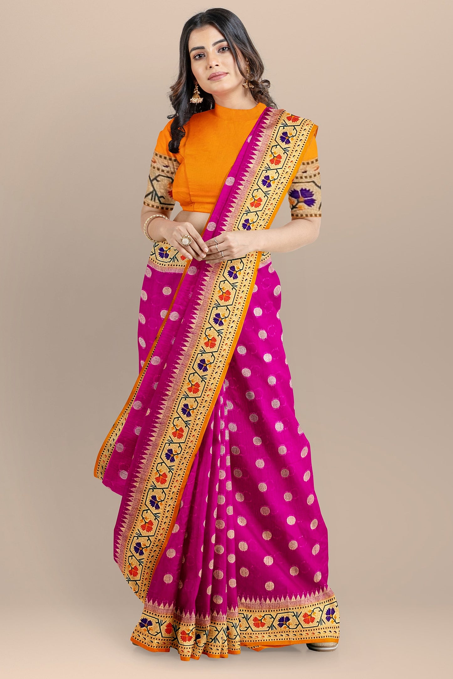 Elegant Pink Matka Silk Saree with Meenakari Border and Pallu in Orange Color, Polka Dot Design