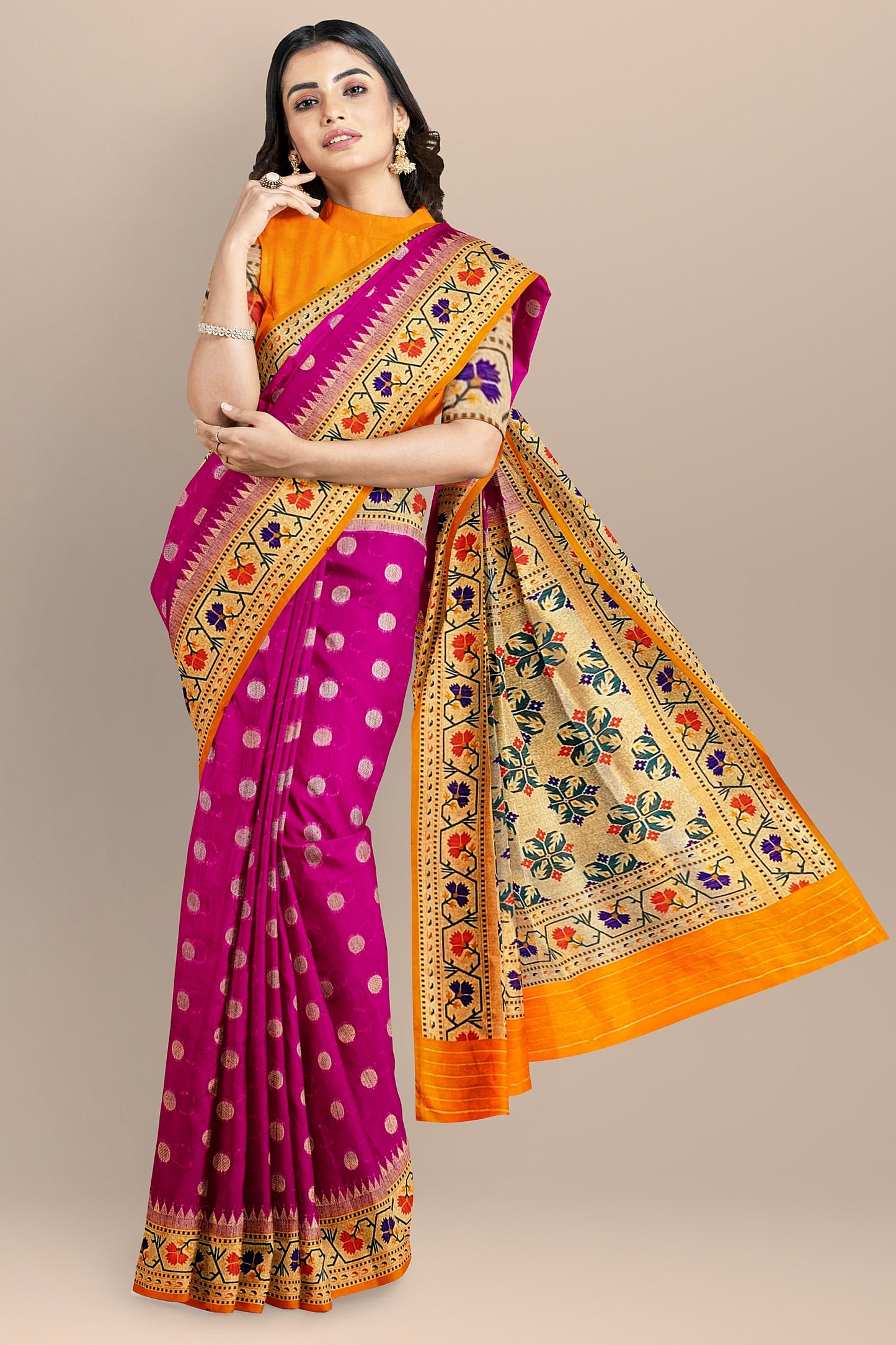 Elegant Pink Matka Silk Saree with Meenakari Border and Pallu in Orange Color, Polka Dot Design