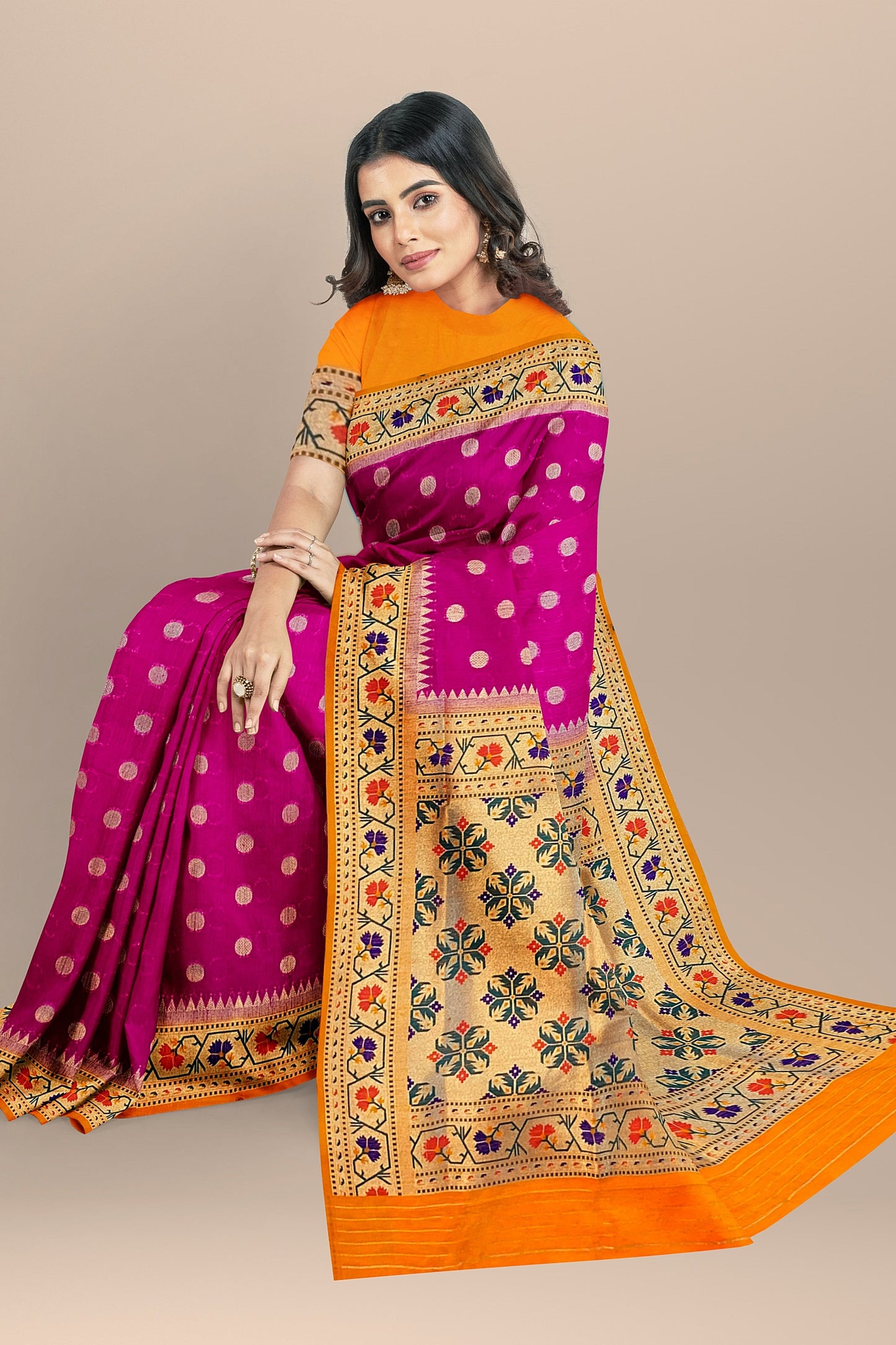 Elegant Pink Matka Silk Saree with Meenakari Border and Pallu in Orange Color, Polka Dot Design