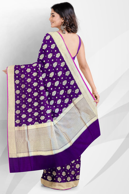 Purple Pure Katan Silk Handloom Banarasi Saree – Intricate Iktara Weaving All Over