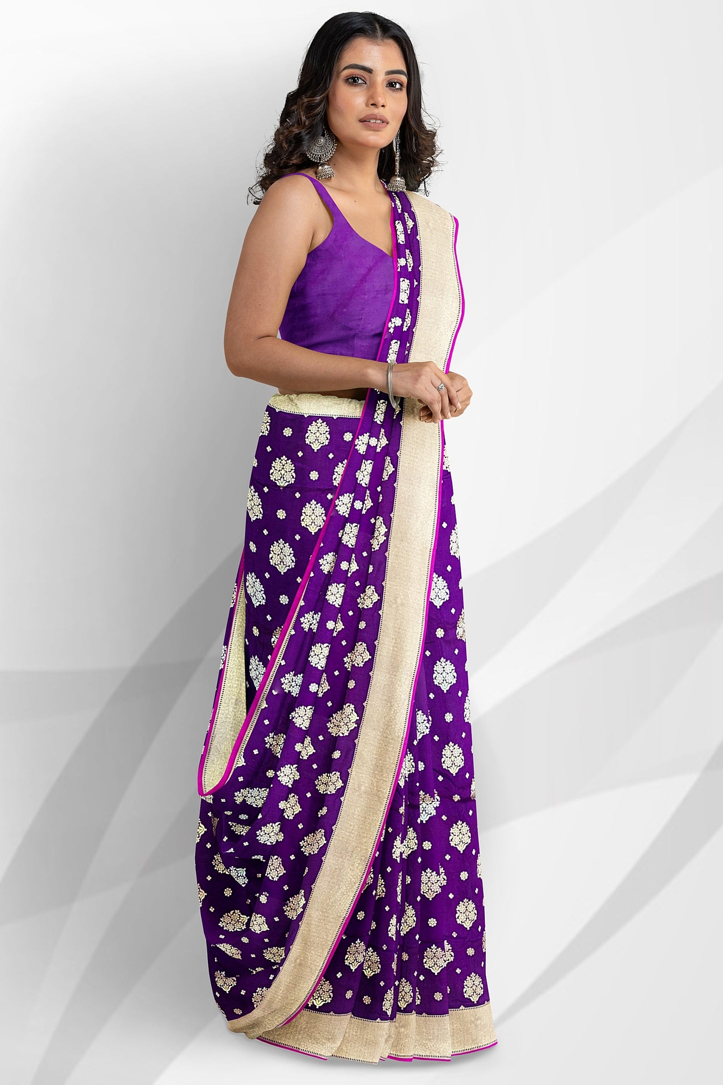Purple Pure Katan Silk Handloom Banarasi Saree – Intricate Iktara Weaving All Over