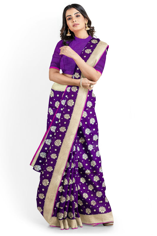 Purple Pure Katan Silk Handloom Banarasi Saree – Intricate Iktara Weaving All Over