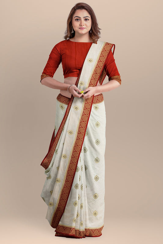 Exquisite Off-White Silk Saree with Red Unique Design, Copper and Golden Zari Boota
