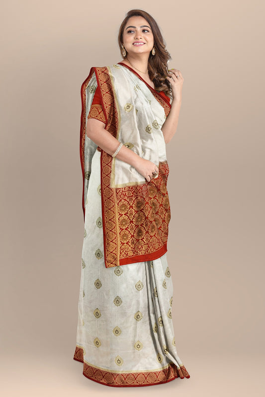 Exquisite Off-White Silk Saree with Red Unique Design, Copper and Golden Zari Boota