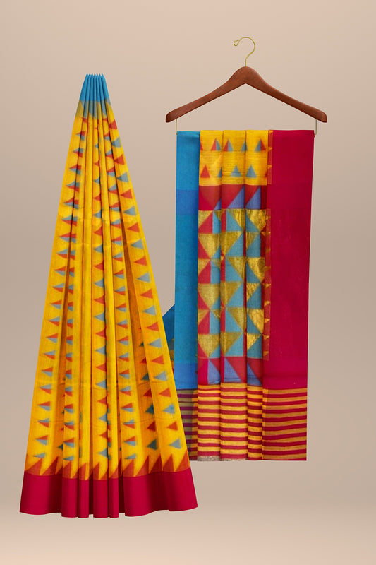 Light Yellow and Red Cotton Saree with Triangle Resham Multi-Motifs