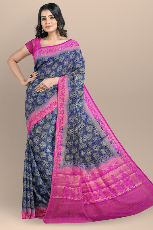 VLS-401 Banarasi Soft Silk Saree with Zari Tanchui Weaving – Navy Blue & Rani Pink Contrast