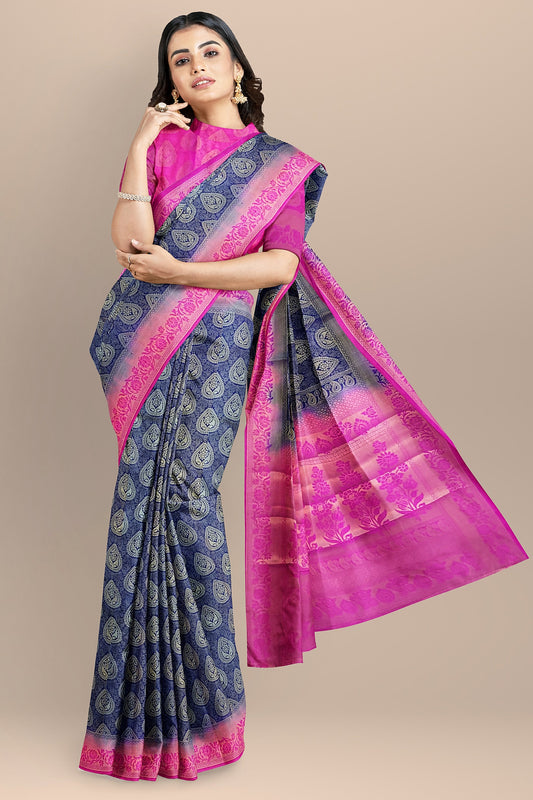 VLS-401 Banarasi Soft Silk Saree with Zari Tanchui Weaving – Navy Blue & Rani Pink Contrast