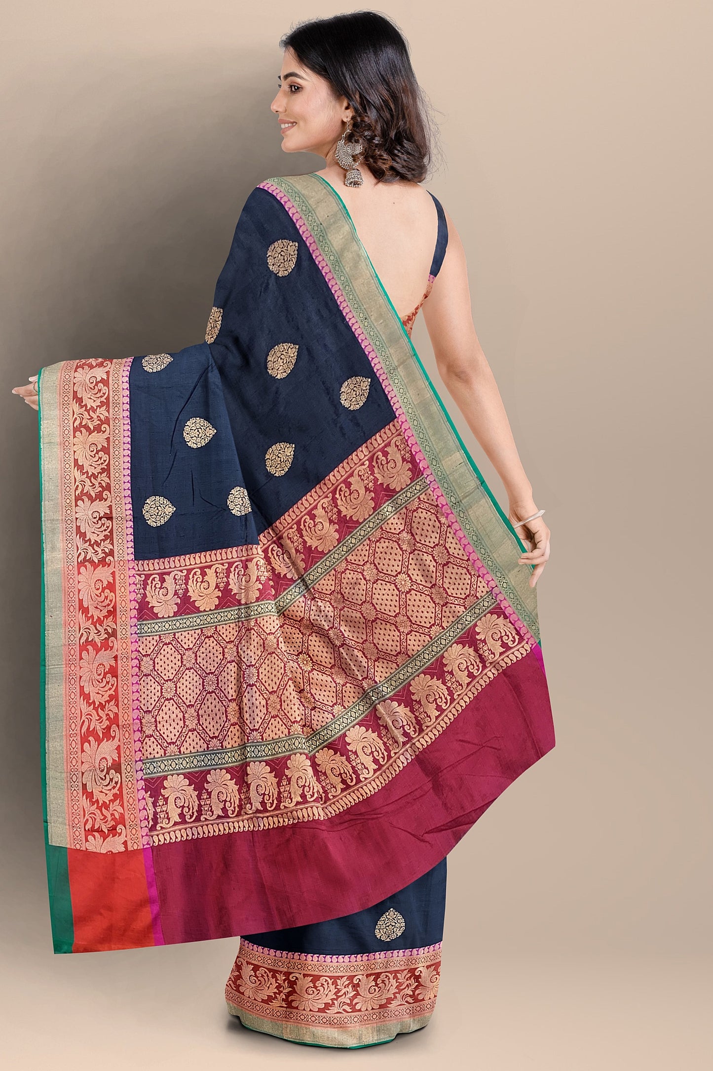 Black and Red Pure Katan Silk Banarasi Saree with Antique Zari Boota Design