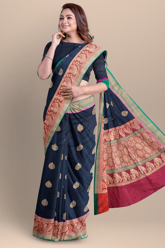 Black and Red Pure Katan Silk Banarasi Saree with Antique Zari Boota Design