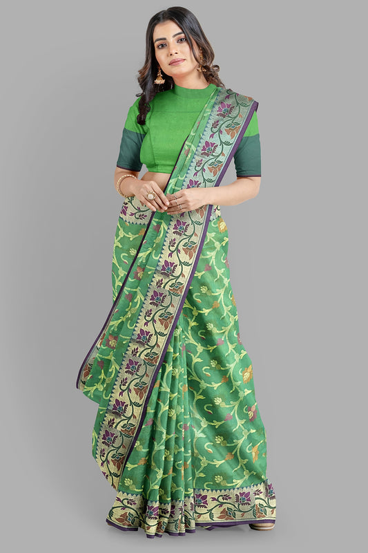 Graceful Light Green Silk Saree with Meenakari Floral Zaal