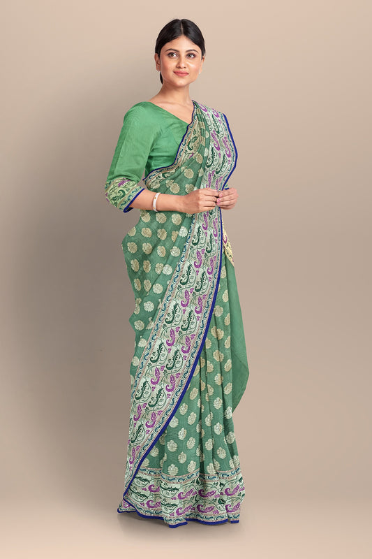 Pastel Green Paithani Saree with Golden Booti Design, Meenakari Border and Pallu