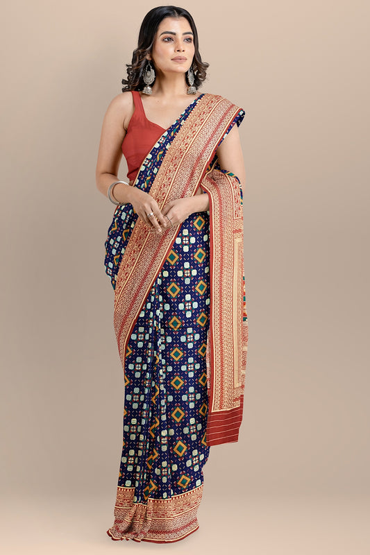 Stunning Navy Blue Patola Pattern Saree with Multi-Color Zaal Weaving, Red Contrast Pallu and Blouse