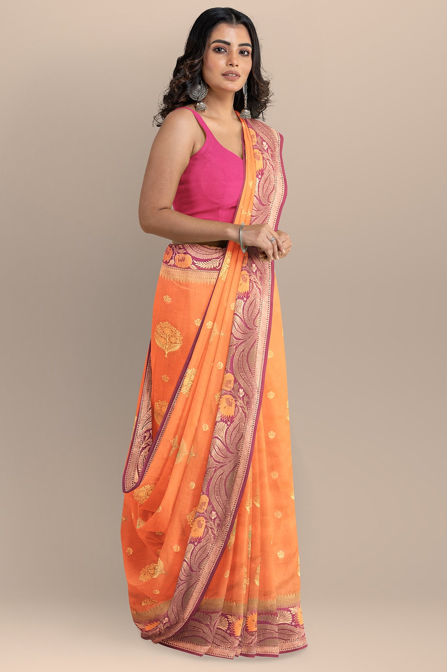 Beautiful Orange and Rani Pink Soft Silk Saree with All-Over Meenakari Boota Design