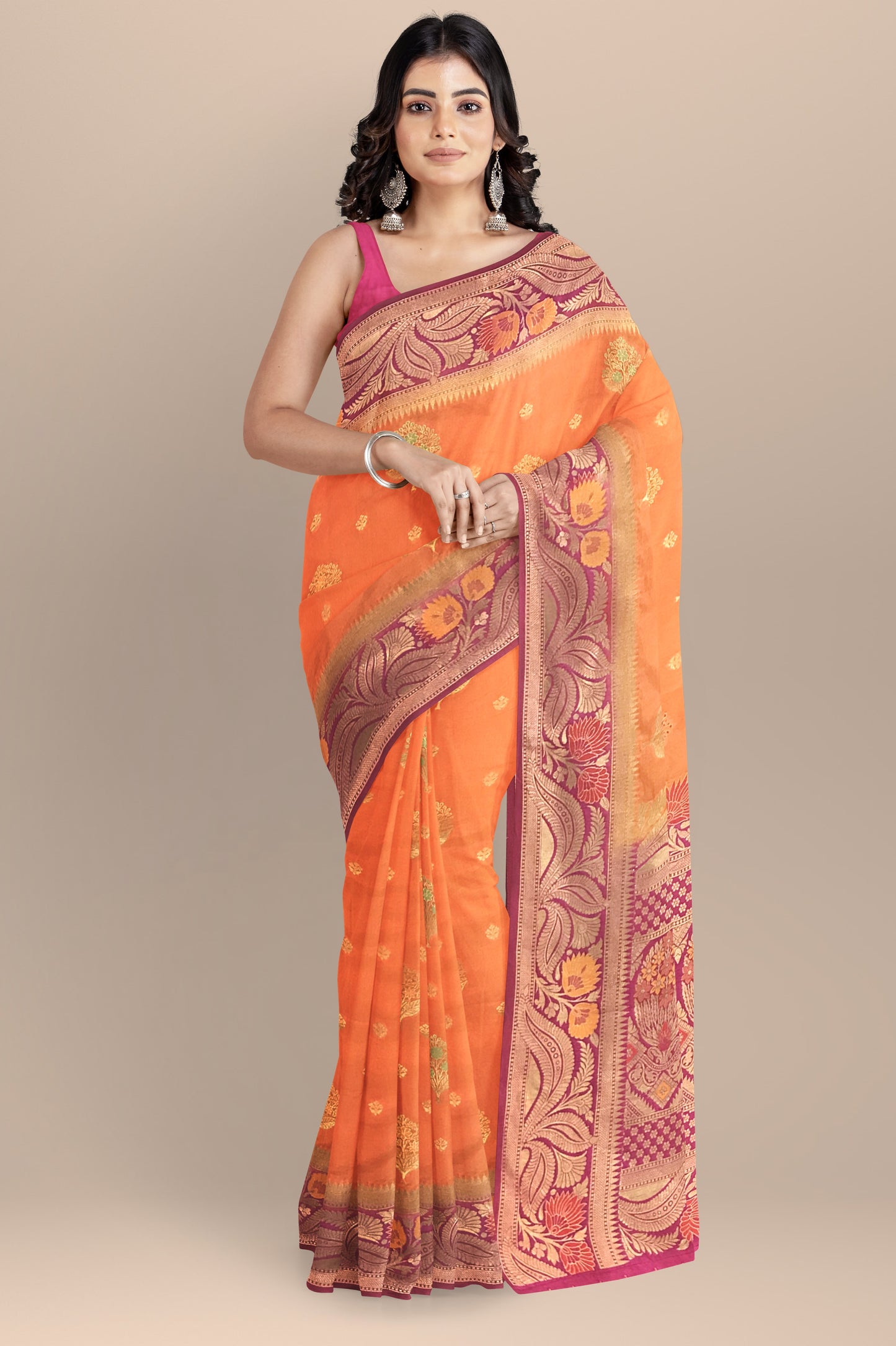 Beautiful Orange and Rani Pink Soft Silk Saree with All-Over Meenakari Boota Design