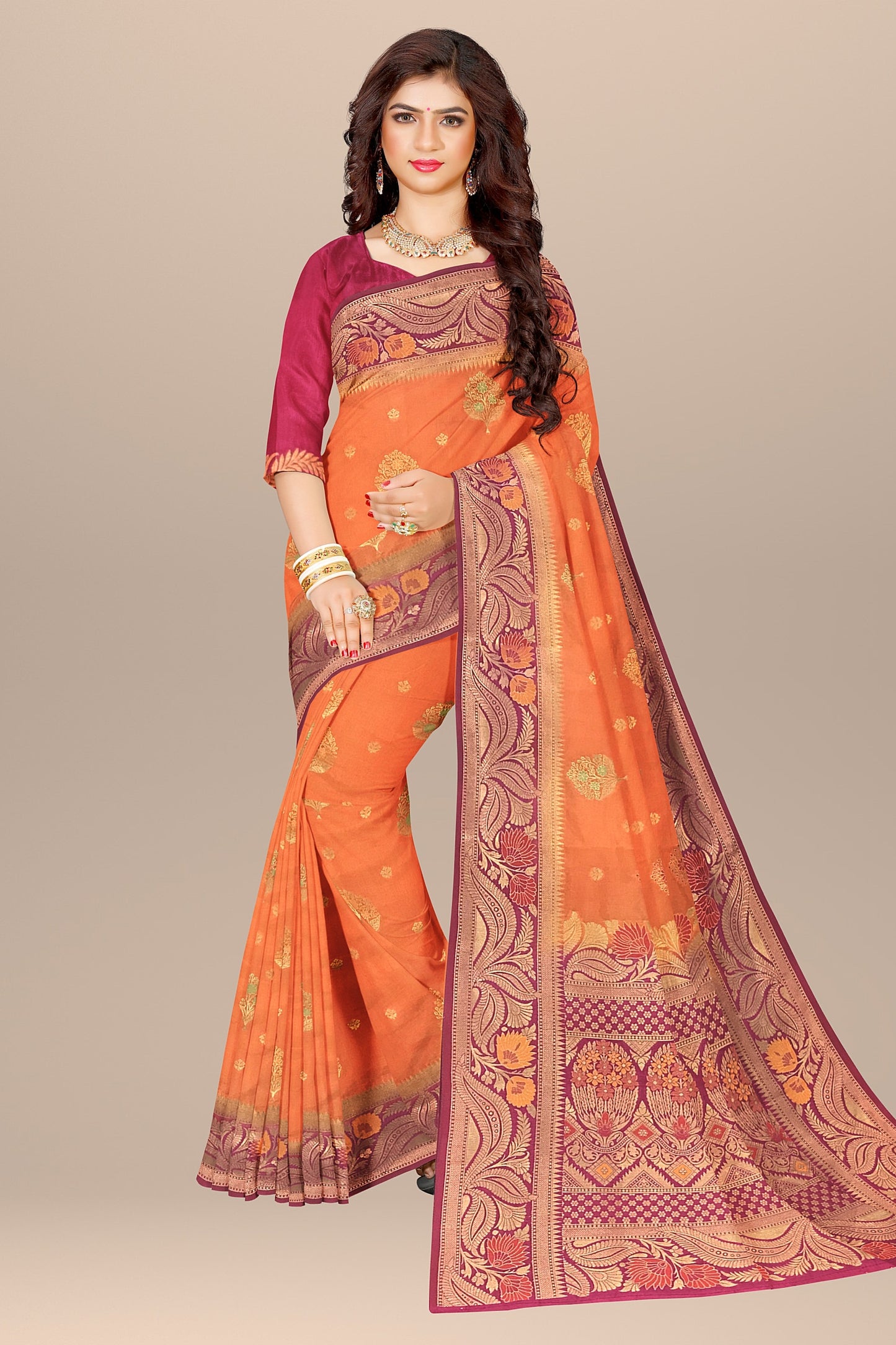 Beautiful Orange and Rani Pink Soft Silk Saree with All-Over Meenakari Boota Design
