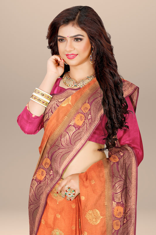 Beautiful Orange and Rani Pink Soft Silk Saree with All-Over Meenakari Boota Design