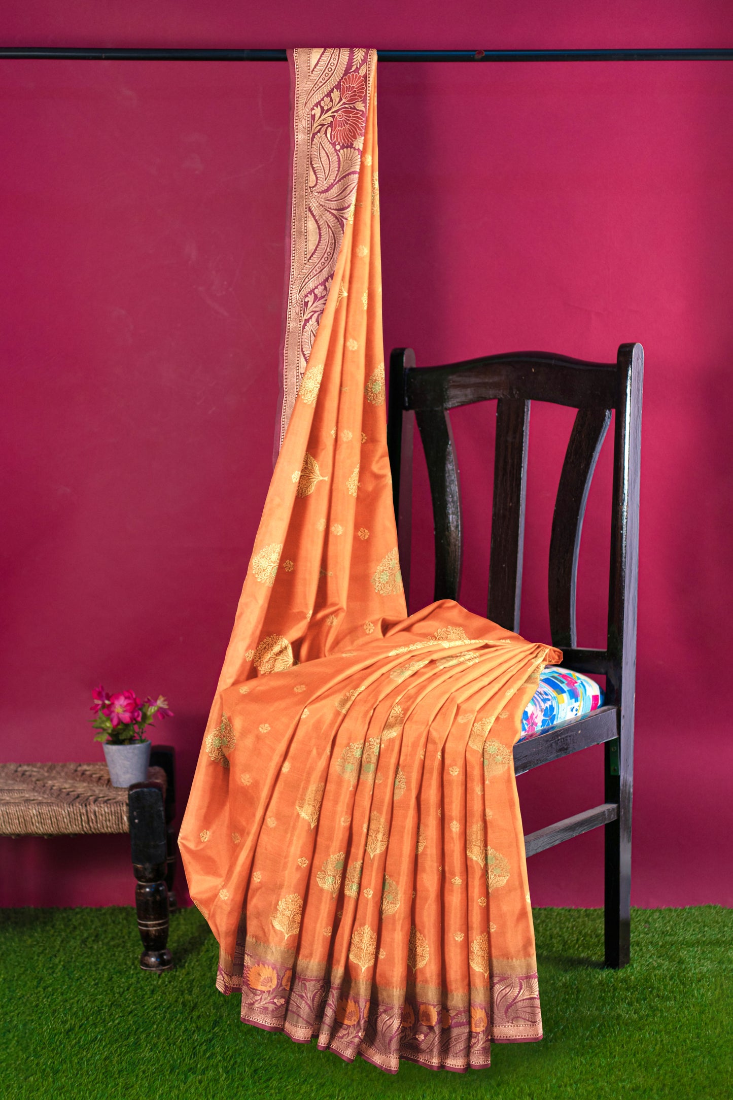 Beautiful Orange and Rani Pink Soft Silk Saree with All-Over Meenakari Boota Design