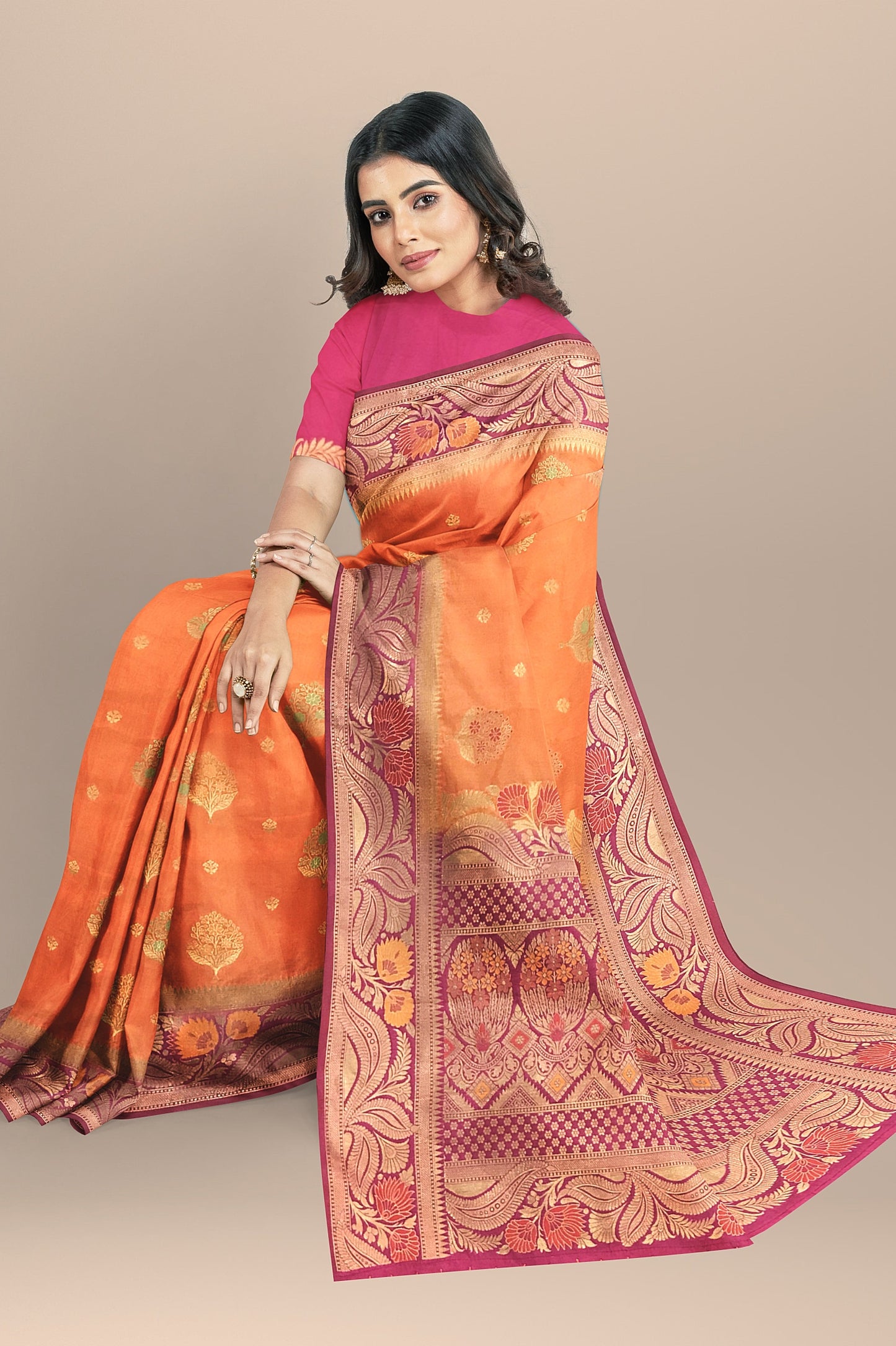 Beautiful Orange and Rani Pink Soft Silk Saree with All-Over Meenakari Boota Design