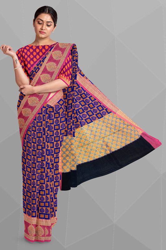 Royal Blue Organza Saree with Orange and Mustard Resham Jamewar Weaving