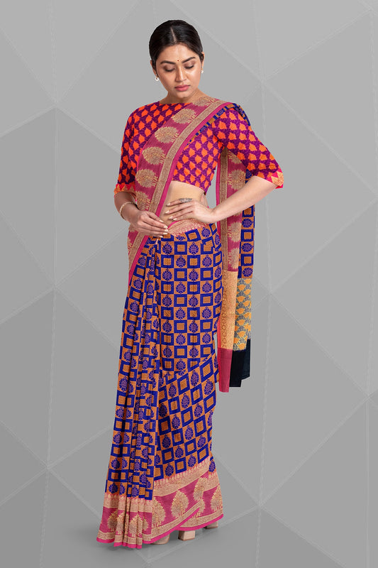 Royal Blue Organza Saree with Orange and Mustard Resham Jamewar Weaving