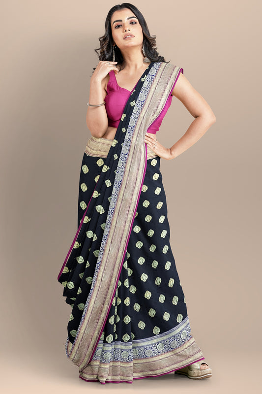 Elegant Black Silk Saree with Pink Contrast and Intricate Motifs