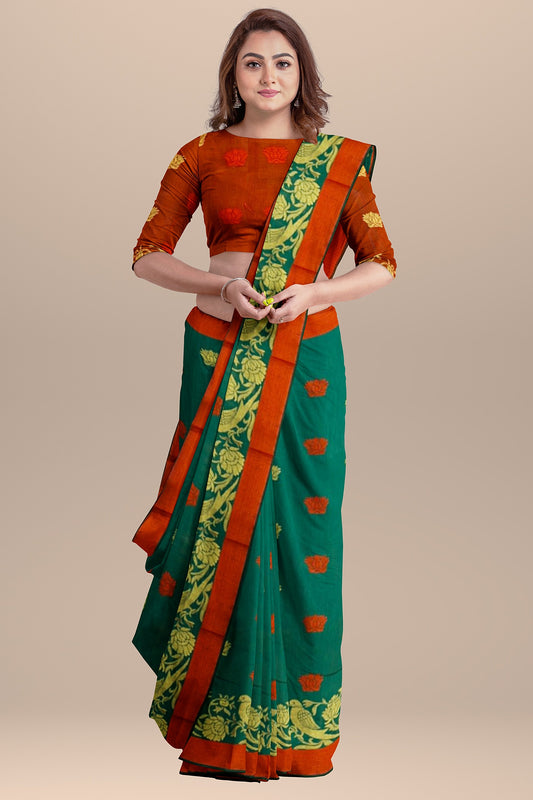 Elegant Green Bamboo Silk Saree with Red Accents and Golden Boota Weaving