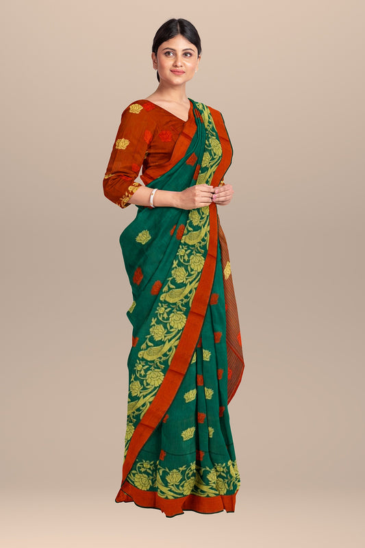 Elegant Green Bamboo Silk Saree with Red Accents and Golden Boota Weaving
