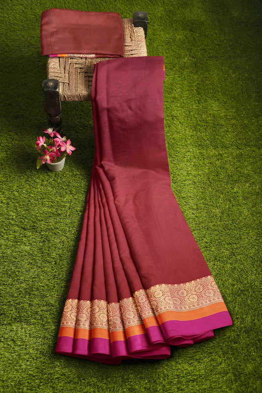 Sophisticated Maroon Cotton Silk Saree with Golden Weave Pallu and Multicolored Border