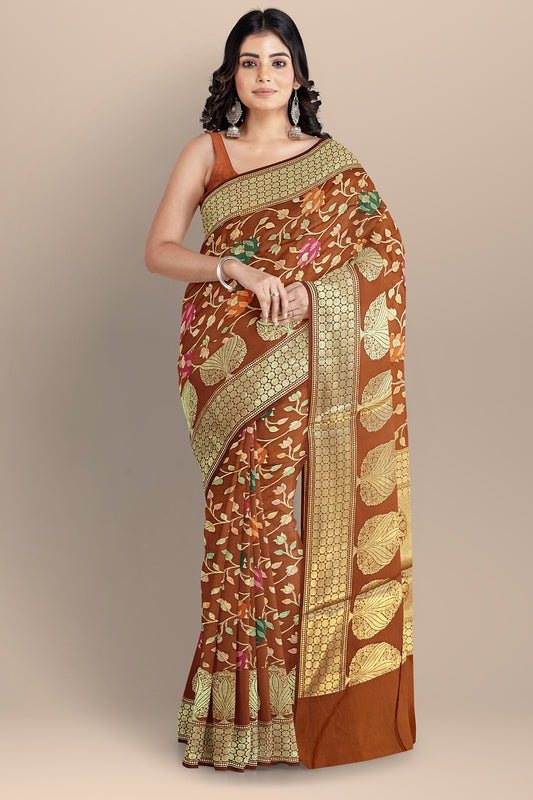 Luxurious Golden Brown Pure Dupion Katan Silk Saree with All-Over Floral Meenakari Zaal