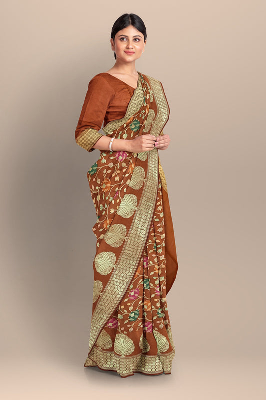 🌸 Pure Dupion Katan Silk Handwoven Banarasi Saree – Tilfi Meenakari Floral Weave | Caramel Colour 🌸