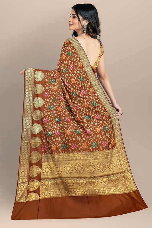 🌸 Pure Dupion Katan Silk Handwoven Banarasi Saree – Tilfi Meenakari Floral Weave | Caramel Colour 🌸