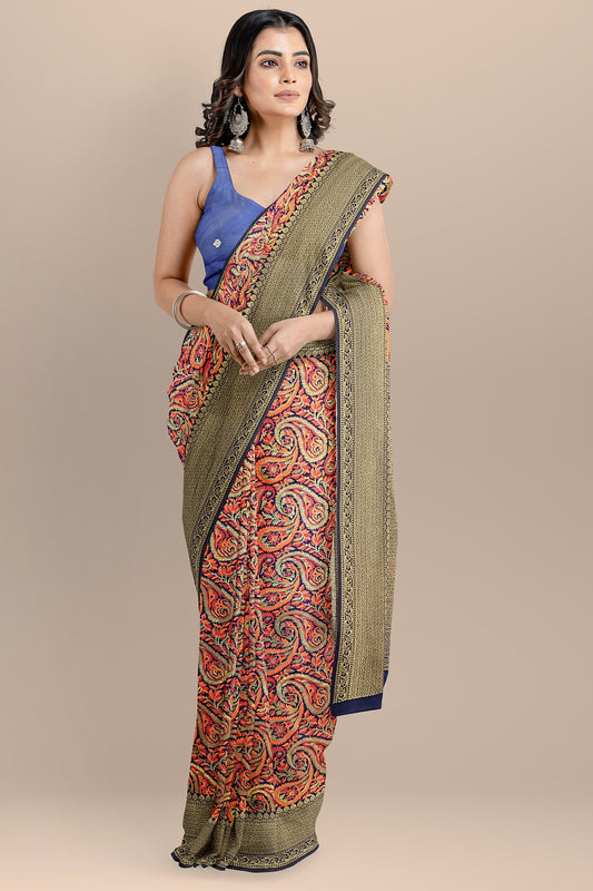 VLS 402 Pashmina Style Jamewar Saree – Coffee Maroon with Navy Blue Blouse